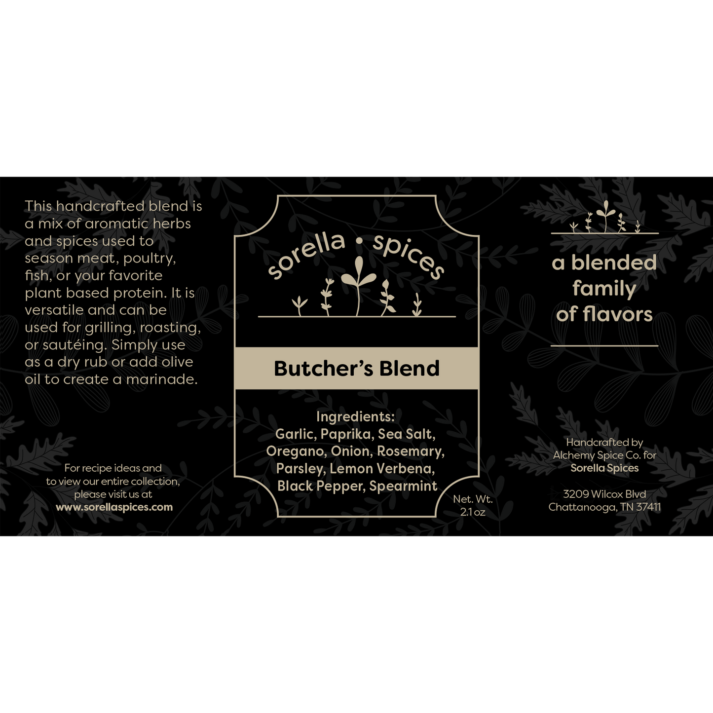 Sorella Spices Butcher's Blend Ingredients, excellent for steaks, beef, lamb, chicken, and more