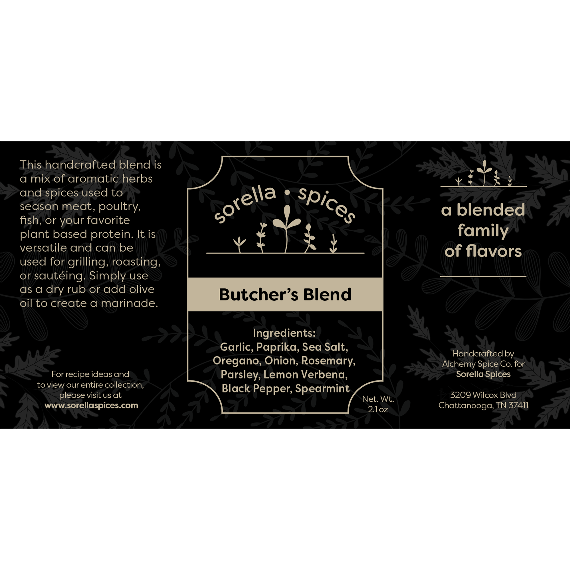 Sorella Spices Butcher's Blend Ingredients, excellent for steaks, beef, lamb, chicken, and more