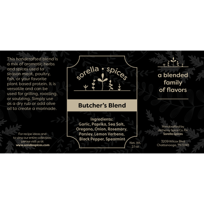 Sorella Spices Butcher's Blend Ingredients, excellent for steaks, beef, lamb, chicken, and more